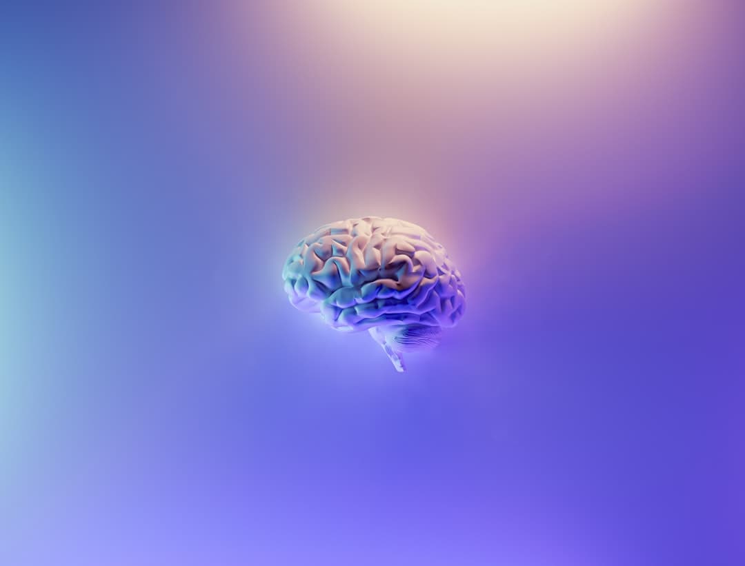 An iridescent brain rendering on a blue purple background