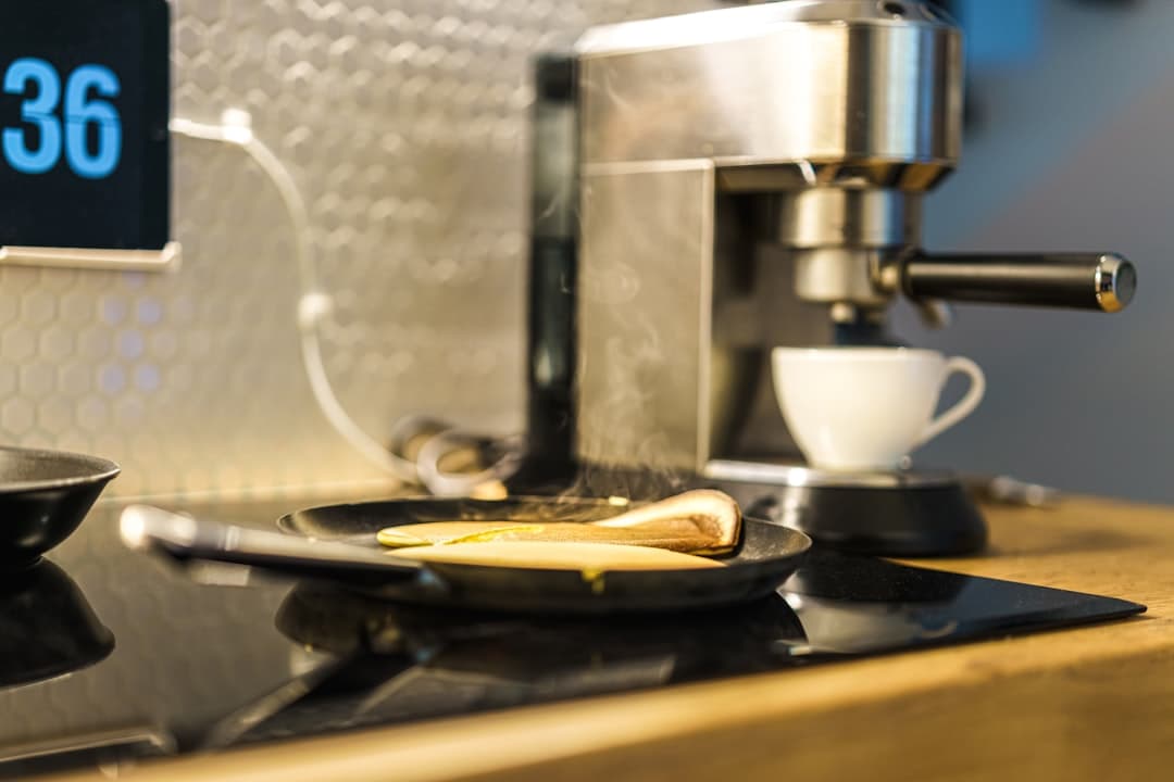 A meal alongside a cup of coffee